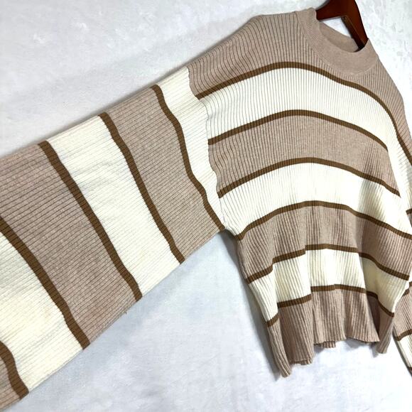 GILLI Medium Striped Sweater Wide Balloon Sleeve Slouchy Oversized Brown Cropped - Picture 2 of 9